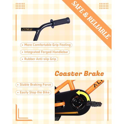 Size 12 14 16 20 Inch Color orange Kids Bike BMX Style Bicycle with Training Wheels for 2-14 Years Old Toddlers Boys Girls Coaster Brake Multiple Colors