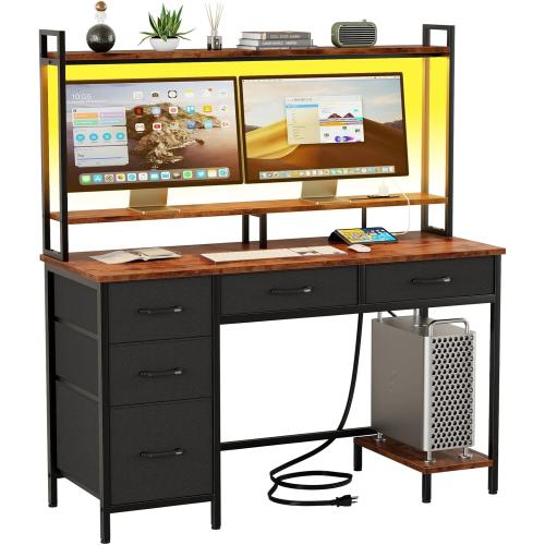 Size 47 Color black Computer Gaming Desk with Hutch, Home Office Desk with Power Outlets, LED Light, 5 Storage Drawers, 2 Tiers Shelves for Display, 47 Inch Modern Study Writing Table for Bedroom