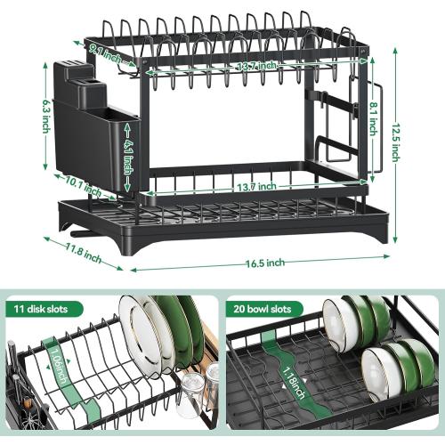 2-Tier Dish Drying Rack with Drainboard, Sink & Countertop Metal Dish Rack Organizer, Dish Drainers for Kitchen Counter, Black