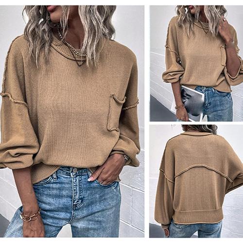 Size S..DGHM-JLMY Women's Reverse Pocket Sweater Lantern Sleeve Sweater Fall Clothes Fashion Solid Sleeve Lantern Sweater Clothes