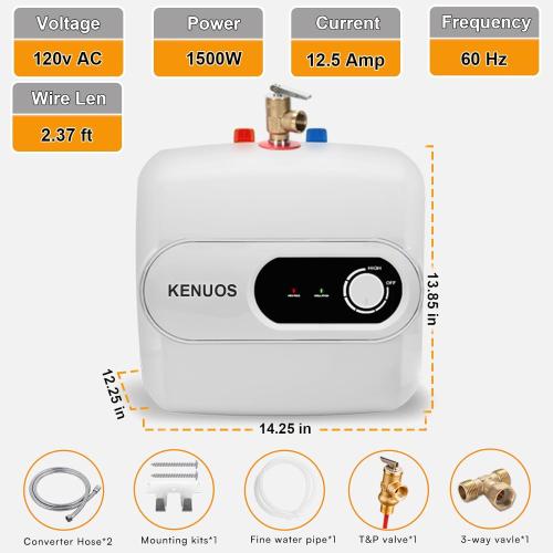 4 Gallon Water Heater Under Sink Instant Hot Water Heaters 1500W 110V 120V Mini Tank,Under Counter Water Heater with Safety Vavle 1/2 NPT for Kitchen,Bathroom,Camper,RV, White