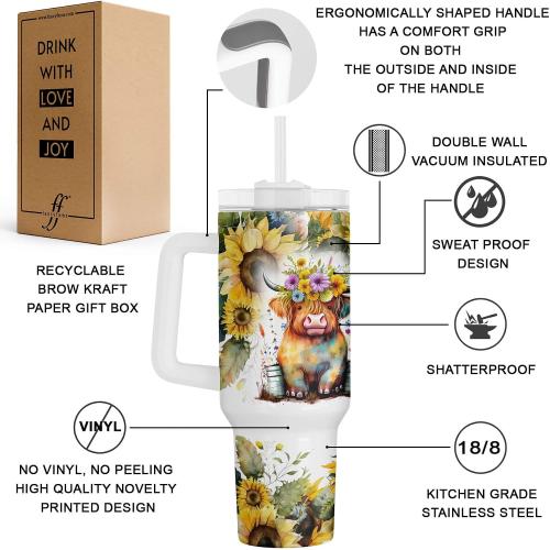 Fancyfams Highland Cow tumbler, 40 oz Stainless Steel Tumbler with Handle Lid and Straw, Cow Gifts for Women Print Mug Cups Lovers Themed Gifts Cute Stuff (Salty 40oz)