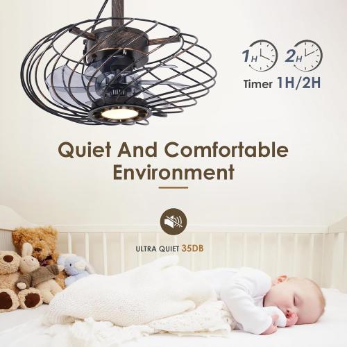 Black Gold 15 Outdoor Ceiling Fan with Light, Waterproof Gazebo Fan Remote Control, Dimmable LED Light, Hanging Black Caged Ceiling Fixtures with Plug in Cord for Patios Pergola, Black Gold