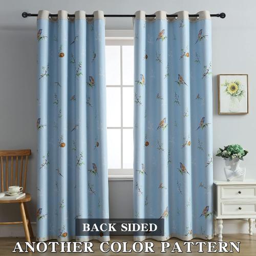 Double Sided Patterned Birds Blackout Curtains for Bedroom 84 Inches Long 2 Panels Thermal Insulated Farmhouse Taupe Window Drapes for Living Room