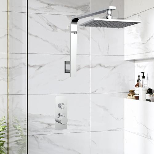 Aquaiaw High Rise Shower Arm and Flange, 16 inch, Solid Brass, Square Shower Riser, Gooseneck Raised Shower Head Arm, Wall Mount Shower Head Extension Arm, 1/2 NPT Tapered Threads (Polished Chrome)