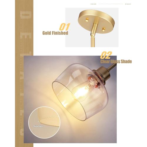 Emak 8 Inch Clear Glass Pendant Lights Kitchen Island, Modern Gold Pendant Light Fixtures for Kitchen, Bathroom, Bedroom, Dining Room, PL122-GD-CG