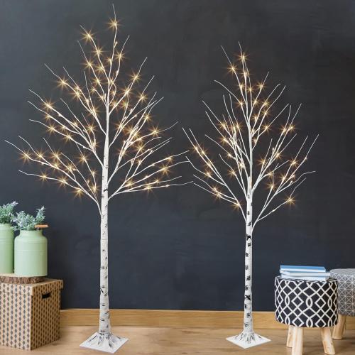 PEIDUO Set of 2 Lighted Birch Tree, Prelit White Christmas Tree, Light Up Artificial Trees with Dimmable & Timer, Twinkling Twig Tree with LED Lights for Home Decorations Outdoor Indoor Decor 5FT 6FT
