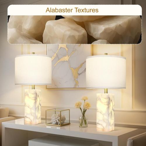 Scenekoy Alabaster Table Lamp Set of 2 with Night Light for Bedroom Living Room, 23 Rotary Switch Bedside Lamp with Linen Shade, Modern Nightstand Lamps for Room Office Dorm (Bulb Included)