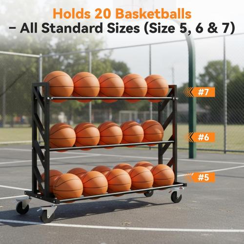 Basketball Racks for Balls, Heavy Duty Ball Cart with Wheels, Basketball Storage 3-Tier 20-Ball Heavy Duty Ball Cart for Gym Garage,Drop Pin for Shooters Preference