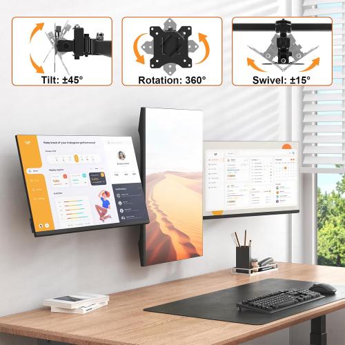 Triple Monitor Wall-Mount for 17-32 Screens - Adjustable Heavy Duty Three Wall Monitor Mount with Cable Management, Space-saving,Tilt, Swivel, Rotation, VESA 75/100 mm, Max 15.4lbs per Screen, Black