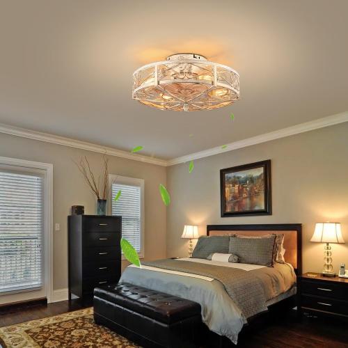 Size 20 Caged Ceiling Fan with Light,Vintage Rustic Farmhouse Kitchen Decor,Bladeless Ceiling Fans with Lights and Remote,Low Profile Fan for Bedroom,Reversible 6 Speeds Motor,4 E26 Bulbs Included