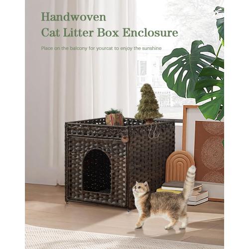 SETVSON Cat Litter Box Enclosure, PE Rattan Hidden Kitty House, Brown | PE Rattan Kitty House with Mat & Fence, 2 S-Hooks, Metal Frame, 18.5x20.5x19.1 In Hidden Litter Cabinet