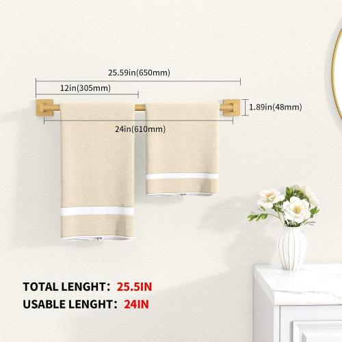 MKO Towel Bar for Bathroom, 24 Towel Racks for Bathroom Hanger Wall Mounted, Hand Towel Holder Rod with Metal for Kitchen Home, Gold 2 Pack