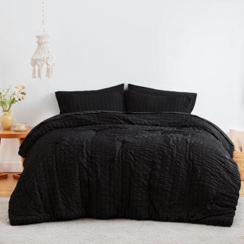 Love's cabin Seersucker Black California King Comforter Set, 7-Piece All Season Lightweight Bed in a Bag Bedding Set with Comforter, Flat Sheet, Fitted Sheet, Pillowcases and Shams