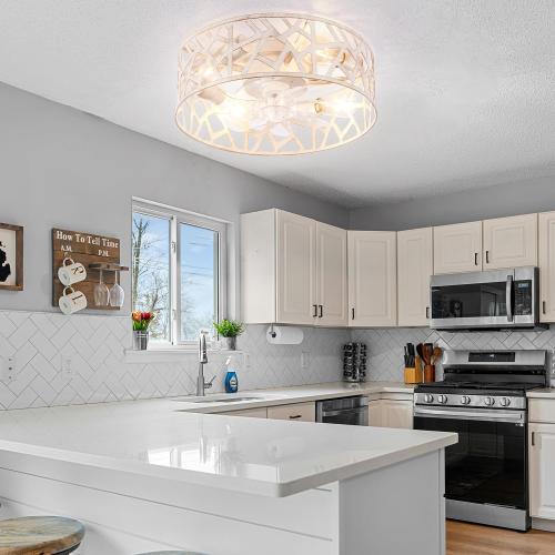 Flush Mount Fandelier Ceiling Fan with Lights and Remote, 18 inch Caged Ceiling Fan with Light Vintage White, Farmhouse Ceiling Fans for Bedroom, Kitchen, Living Room