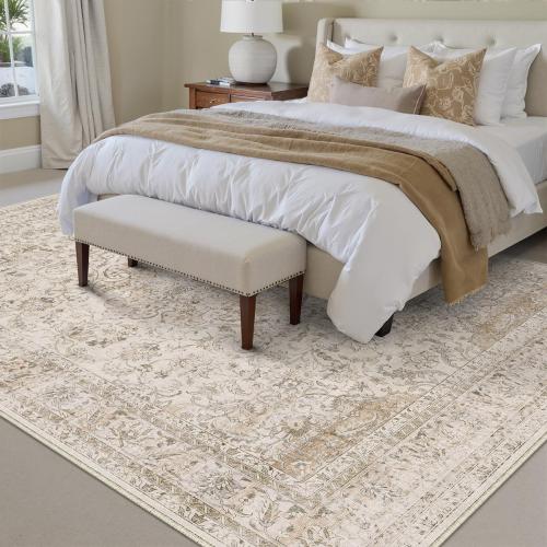 9x12 Beige Area Rug Vintage Living Room Bedroom Washable Carpet Non-Slip Soft Low Pile Distressed Indoor Large Throw Rug for Dining Room Office