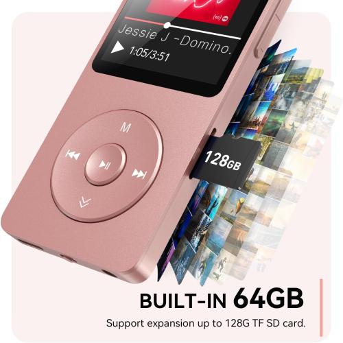 AGPTEK A02 MP3 Player with Bluetooth 5.3, 1.8 inch Screen Portable Music Player with Speaker, FM Radio, Voice Recorder, Supports Expanded Up to 128GB(Rose Gold, 64GB)