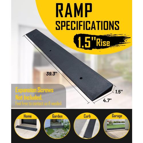 1.5'' Rise Rubber Threshold Ramp - 2204 LBS Capacity, Non-Slip, Cuttable & Adjustable - Handicap Ramp for Wheelchair Scooter Stroller - Driveway Curb Ramps for Doorways 1.5 Rise (39.3x4.7)