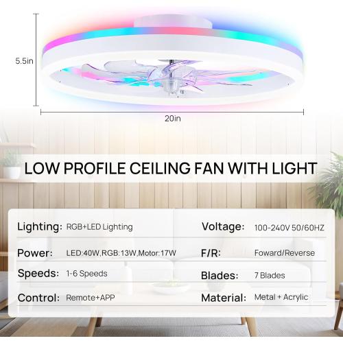 Size 20 Color White RGB Ceiling Fans with Lights, 20 Fandelier Low Profile Ceiling Fan with Light, Modern Flush Mount Ceiling Fan Light with Remote/APP Control, Bedroom Chandelier Fan Fixture for Indoor(White)