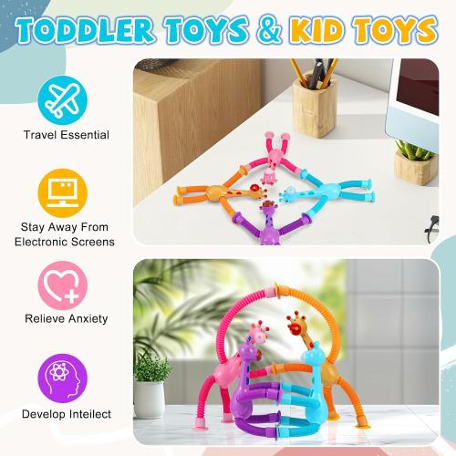 Easter Basket Stuffers for Toddler Kids ,Pop Tubes Giraffe Travel Toys 4Pcs,Airplane Car Travel Activities for Toddlers,Suction Cup ‌Sensory Fidget Toy,Fun Screen-Free Activity for Boy & Girl