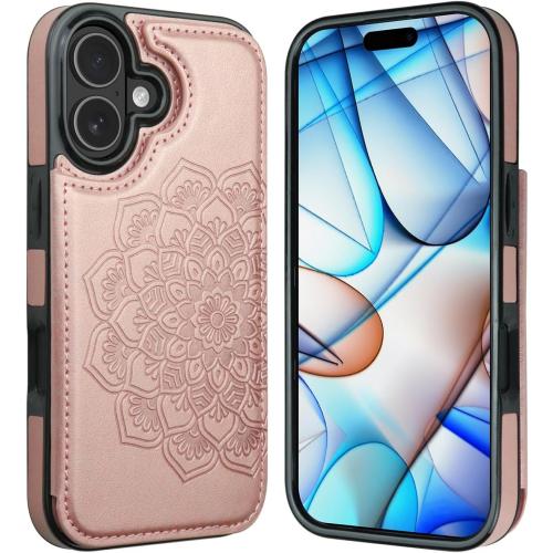 MMHUO for iPhone 17 Case with Card Holder,Flower Magnetic Buttons Protective Wallet Case for Women for iPhone 17 (6.3 Inch),Rose Gold