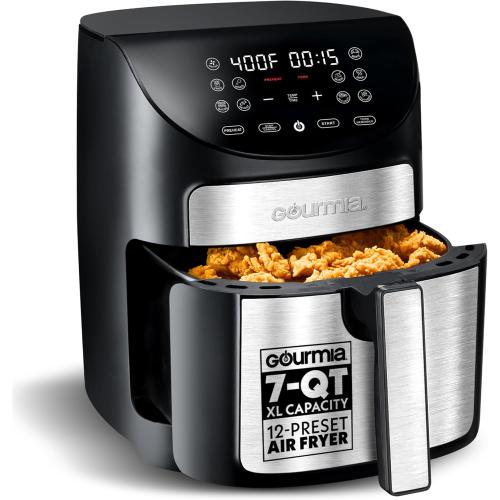 Gourmia Air Fryer - 7 Qt Large Capacity, FryForce360º, Digital Display with 10 Presets, Roast, Bake, Broil, Dehydrate, Dishwasher Safe Accessories, Black