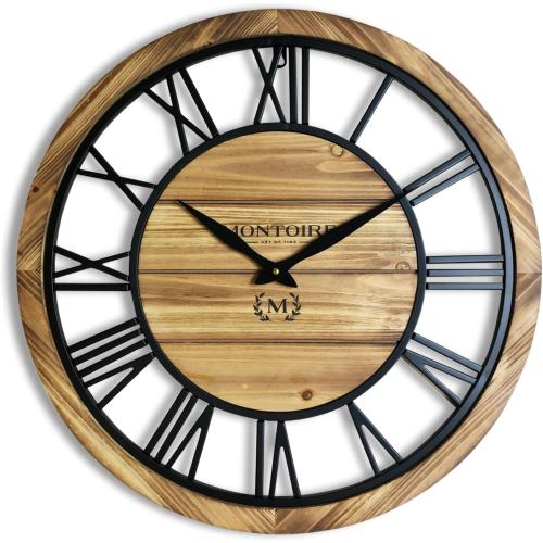 Montoire 24 Inch Wooden Farmhouse Wall Clock, Extra Large for Living Room Decor - Big Rustic Wood Large Round Wall Clock 24 Inches or Larger, Battery Operated with Decorative Roman Numerals