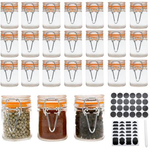 1.7 oz Mini Glass Spice Bottles, 24 Pack Small Glass Jars with Airtight Lid and Leak Proof Rubber Gasket, Empty Spice Containers with Labels for Home and Kitchen