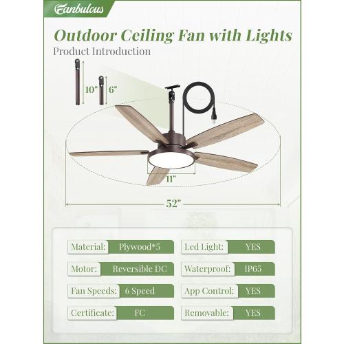 52 Outdoor Ceiling Fan with Light IP65 Outdoor Fans for Patio Waterproof