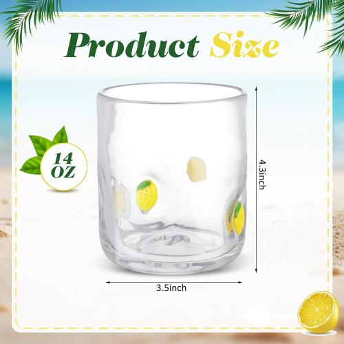 SiliFine 4 Pack Fruit Icon Juice Glasses Set - 14 oz Lemon, Strawberry, Cherry, Orange Stemless Glass Cup for Coffee Wine Cocktail Drinking - Summer Birthday Holiday Party Supplies & Ideal Gift