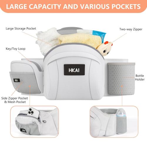 HKAI Baby Hip Carrier, Mom’s Choice Award Winner, Baby Carrier with Adjustable Waistband & Breathable Mesh, Ergonomic Carrier with Non-Slip Hip Seat Surface for Newborns & Toddlers, Light Grey