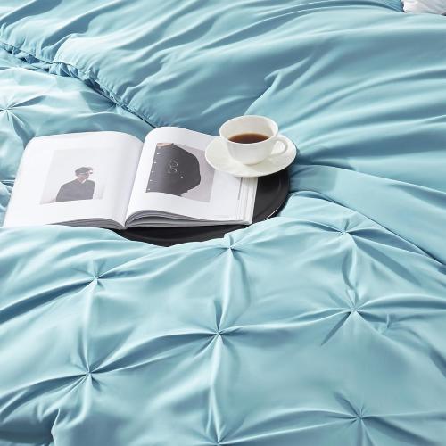 Fluffy Comforter Set, KING 7 Pieces Pinch Pleat Design Bedding Set, Down Alternative Comforter with 2 Pillow Shams, 2 Pillowcases, 1 Flat Sheet, 1 Fitted Sheet (Stone Blue Pinch Pleat, KING)