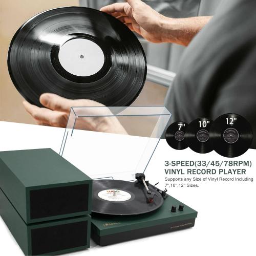 LP&No.1 Record Player with Stereo Bookshelf Speakers, Vintage 3-Speed Belt Drive Turntable, Wireless Input, RCA Output, Auto Stop Function | Dark Green