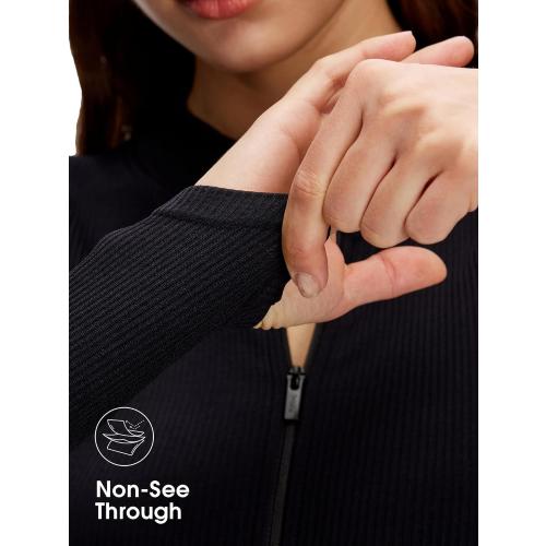 Medium Front Zip Up Jumpsuits for Women - Long Sleeve Crew Neck Ribbed Seamless Bodycon Romper, Casual Yoga Workout Outfits