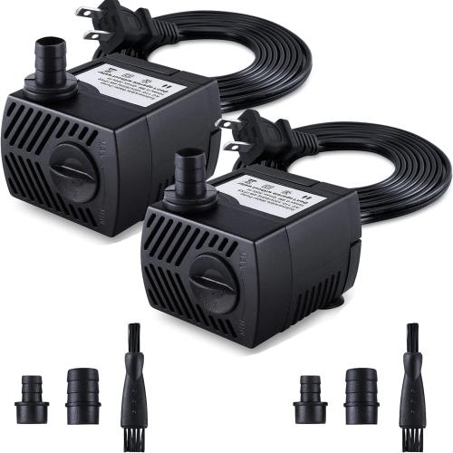 Fountain Pump, 2 Packs 80GPH(4W 300L/H) Submersible Water Pump, Durable Outdoor Fountain Water Pump with 7.2ft（2.2m） Power Cord, 3 Nozzles for Aquarium, Pond, Fish Tank, Water Fountain Pump