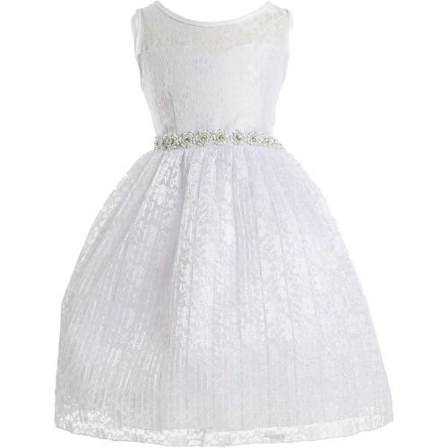 Color White Kids dream Sweetheart Illusion Neckline Lace Overlay Pleated Rhinestones Flower Girl Dress
