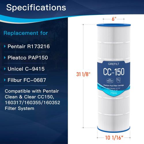 CC150 Pool Filter Cartridge, Compatible with Pentair Clean & Clear 150, Replaces Pleatco PAP150, Unicel C-9415, Pentair R173216, 150 sq. ft