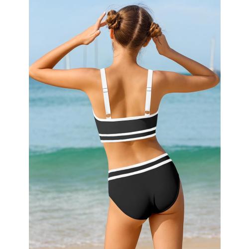 Size S Girls Swimsuit Double Strap High Waist Sporty Bikini Swimsuits Swim Cover Up Skirt 3 Piece Set