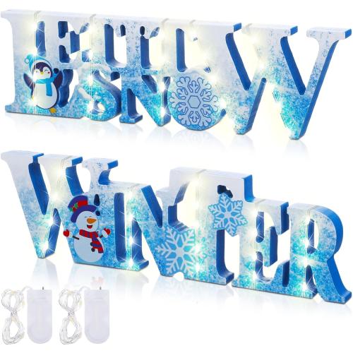 Jetec 2 Pieces Winter LED Snow Tabletop Centerpiece Table Snowflake Snowmen Wooden Sign Lighted Ornament for Snowflake Tiered Tray Decor Wonderland Christmas Party(Blue, White)