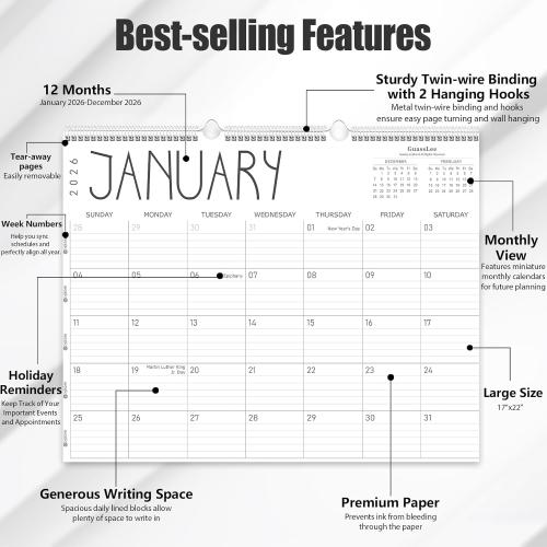 Guasslee Large Wall Calendar 2026, 12 Monthly Calendar from 2026 January-December 2026 Jumbo 22x17 Hanging Desk/Wall Planner with Spiral Bound for School Home Office Organizing