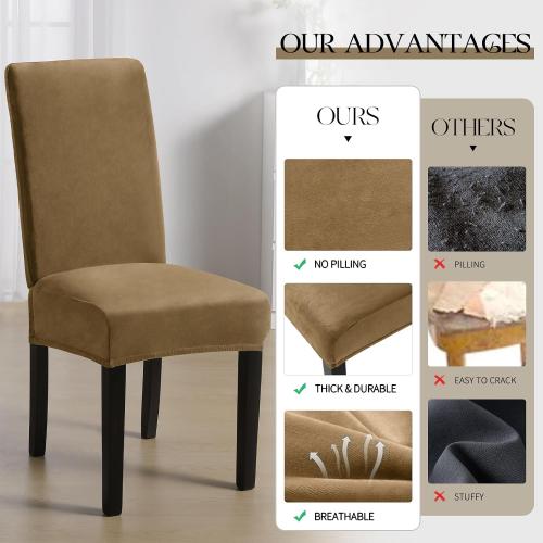 MOSAYT Velvet Stretch Chair Covers for Dining Room Set of 6 - Soft Slipcovers with Thick Removable Fabric for Parsons Chairs, Washable Seat Protectors for Kitchen, Banquet & Home Decor, Camel
