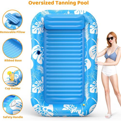 Inflatable Tanning Pool Lounger Float with Sprinkler, 77 x 48 Pool Floats Adult with Pillow, 6 in 1 Suntan Tub Raft Floatie with Drink Holder Sunbathing Water Lounge