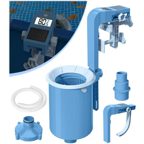 BluSwim Above Ground Pool Skimmer with Solar Digital Thermometer | Wall Mount Surface Skimmer - Auto Skimming Pool Floating Debris | 2 Upgraded Bracket - Stable&Height Adjustable-Steel Blue