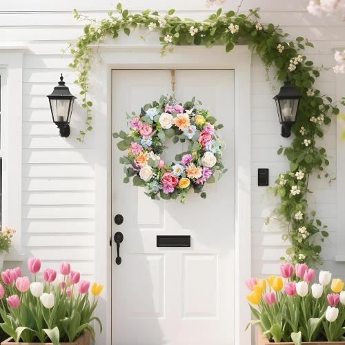 Spring Wreaths for Front Door,Summer Wreath with Peony Rose and Dahlia Flowers,24 Inch Floral Door Wreath for All Seasons Outside Outdoor Indoor Wall Wedding Holiday Home Decor