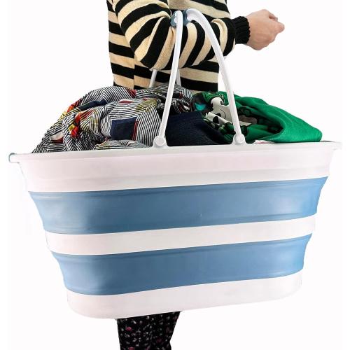 SAMMART 38L (10 Gallons) Collapsible Plastic Laundry Basket - Foldable Storage Container/Organizer - Portable Washing Tub - Space Saving Laundry Hamper (White/Adriatic Blue)