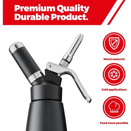 Professional Aluminum Whipped Cream Dispenser - 500 mL/1 Pint,Whipped Cream Maker Canister with 5 Decorating Nozzles & Cleaning Brush - Need To Use N2O Chargers (Not Included) (Black, 500ml)