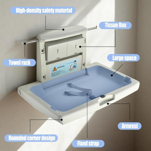 Fold-Down Baby Changing Station - Wall-Mounted, Space-Saving Design with Safety Straps for Commercial & Residential Restrooms (Horizontal Version)