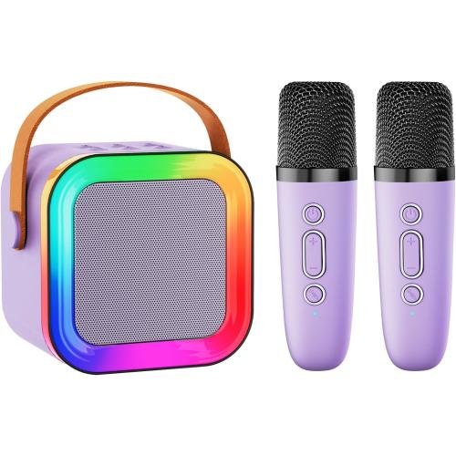 Mini Karaoke Machine Speaker for Kids Adults,Portable Bluetooth with 1-2 Wireless Microphones,Christmas Birthday Gifts Toys Girls Boys Ages 4, 5, 6,7, 8,9,10,11,12  Years Old Toddler (Purple - 2 Mic)