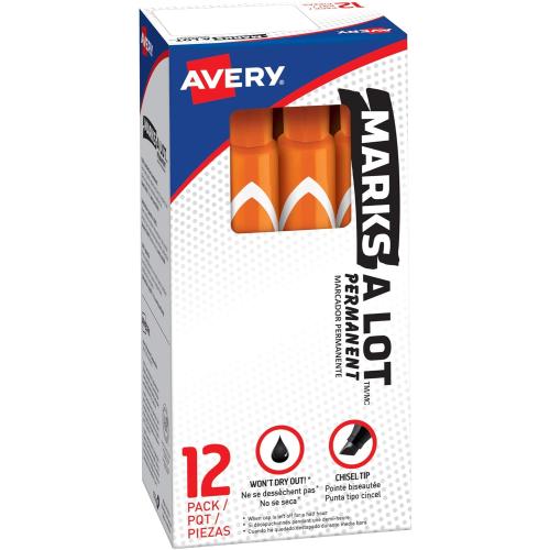 Avery Marks A Lot Permanent Markers, Large Desk-Style Size, Chisel Tip, Water and Wear Resistant, 12 Orange Markers (08883)