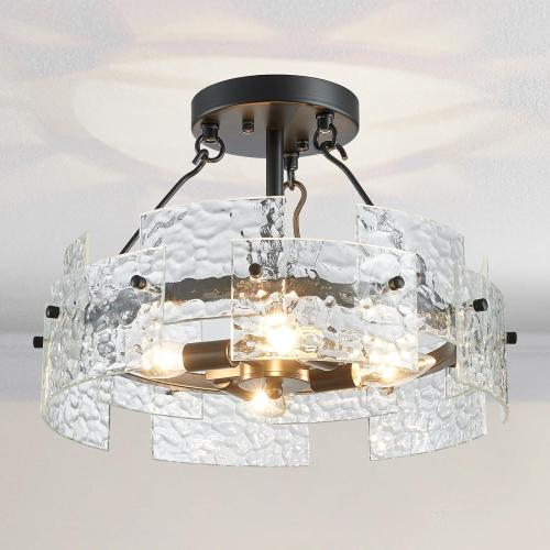 XINGQI Black Ceiling 4-Light Modern Farmhouse Water Ripple Glass Ceiling Lighting Fixture 15.7 Drum Ceiling Lights for Bedroom Dining Room Living Room Hallway Entryway